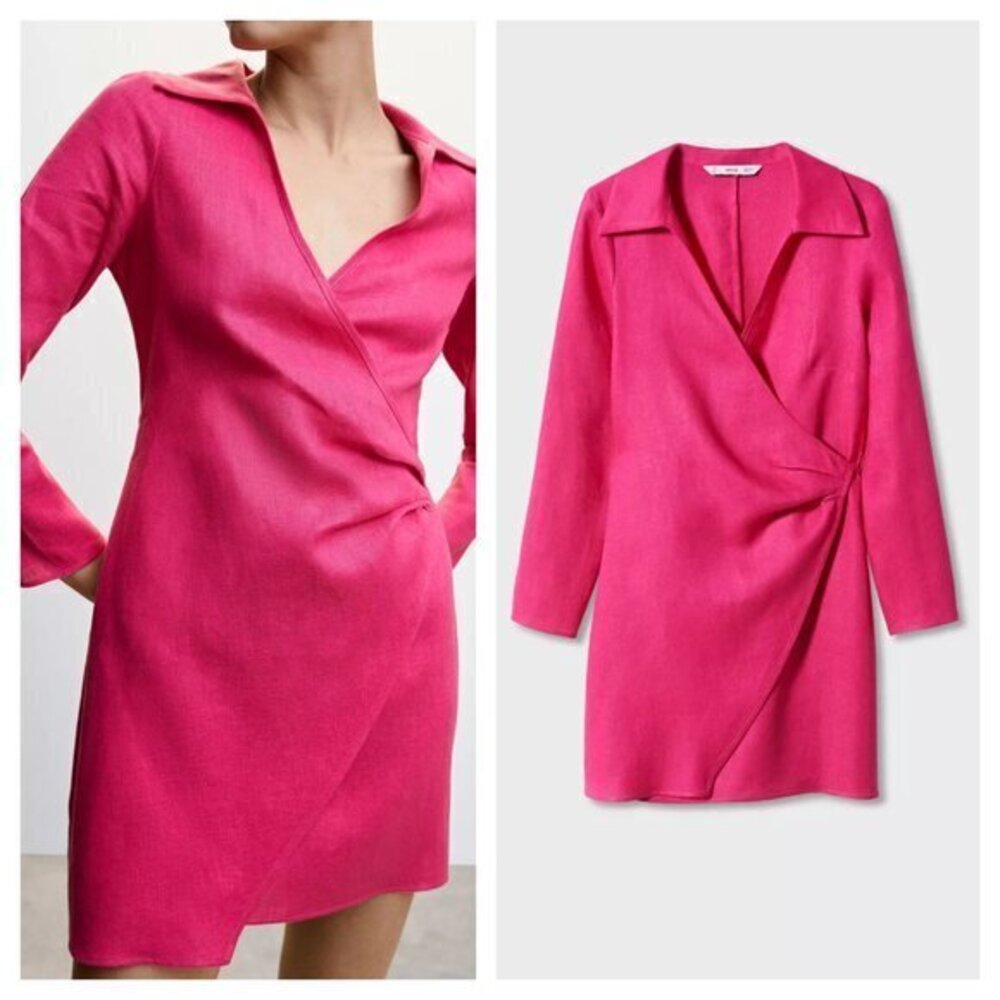 Mango 100% Linen Fuchsia/Barbie Pink Collared Wrap Dress 12